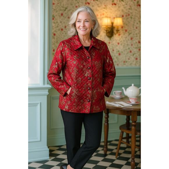 VTG KAKTUS Quilted Floral Red Gold Blk Silk Rayon Jacket 1X Lined Button Front - Picture 1 of 7